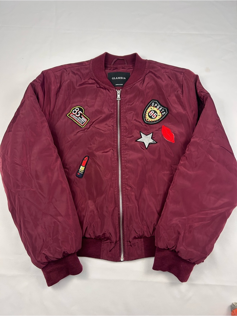 glam Maroon Patch Bomber Jacket